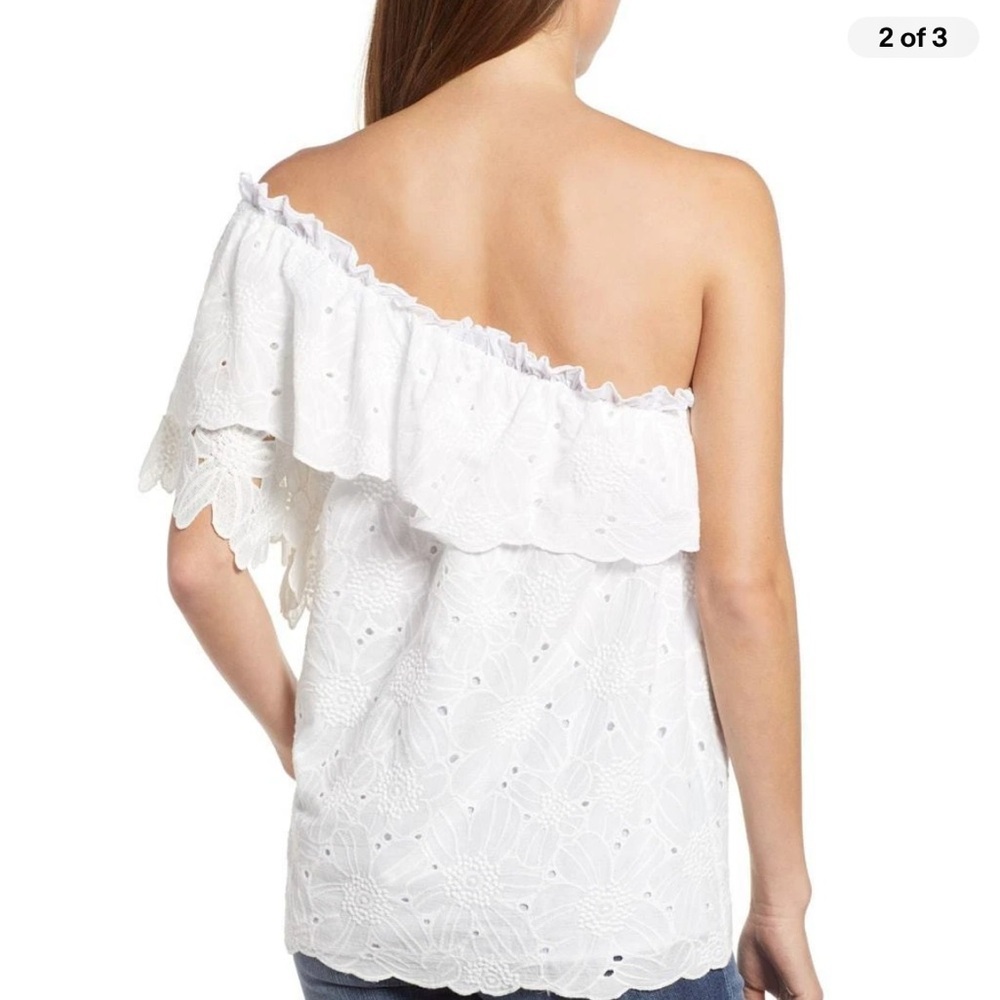 KAS New York Dulia White Floral Eyelet Lace One Shoulder Blouse, Sz S/M - Picture 12 of 14